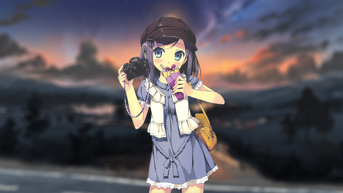 Anime girl with camera and crepe at sunset