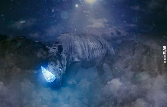 Rhino with glowing crystal horn in starry night