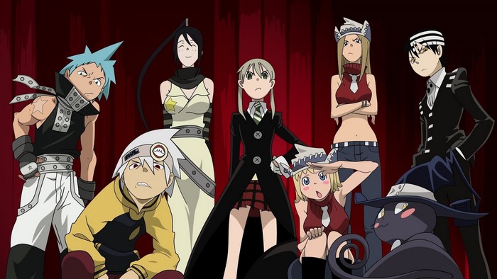 Soul Eater characters standing against a red curtain
