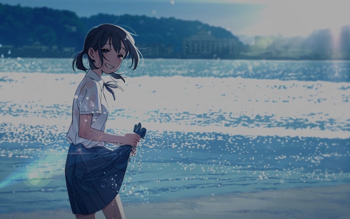 Anime girl in school uniform at the beach