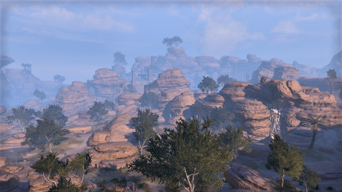 The Elder Scrolls Online desert landscape with rock formations and trees