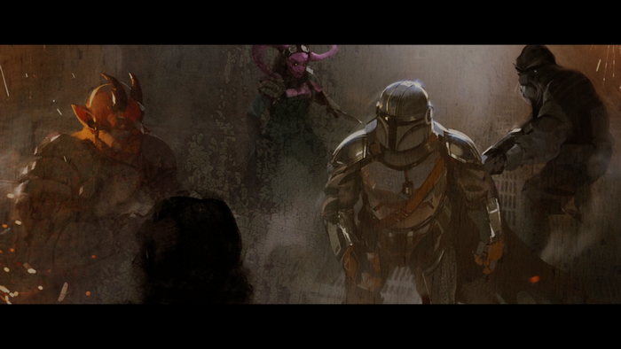 The Mandalorian and allies in a standoff