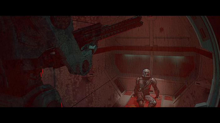 The Mandalorian in a spaceship with a large weapon