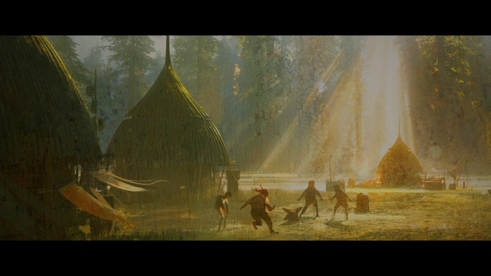 The Mandalorian: Grogu and Din Djarin in a forest village