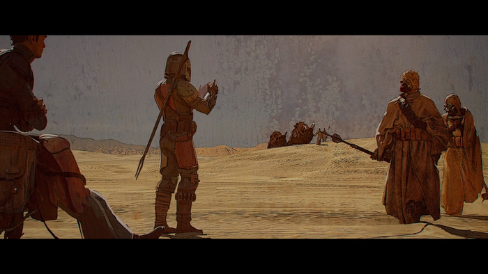 The Mandalorian and Tusken Raiders on Tatooine