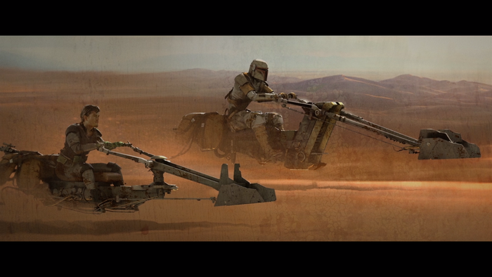 The Mandalorian and Boba Fett riding speeder bikes