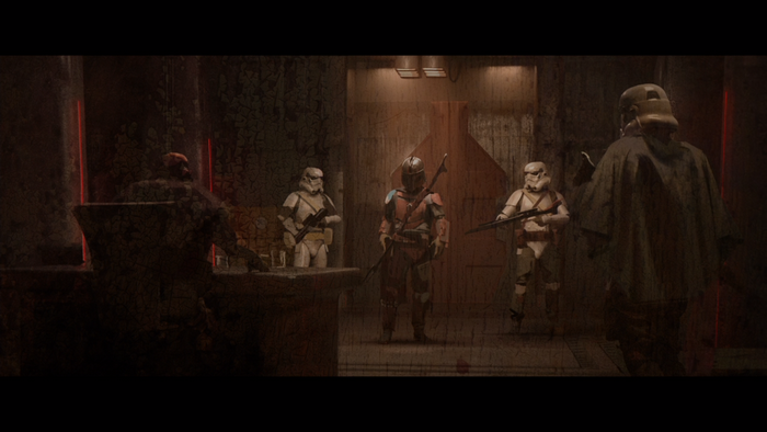 The Mandalorian and Stormtroopers in Star Wars
