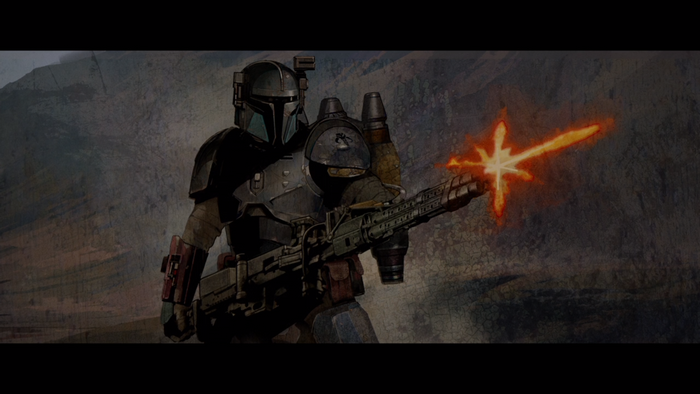 The Mandalorian firing a weapon in Star Wars