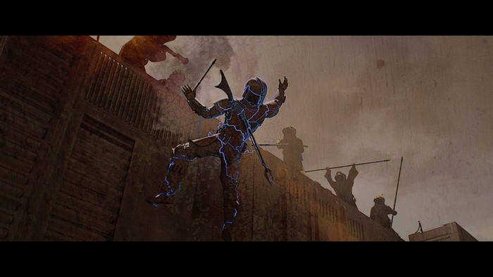 The Mandalorian in Star Wars being struck by lightning