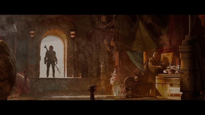 The Mandalorian in a Tatooine marketplace