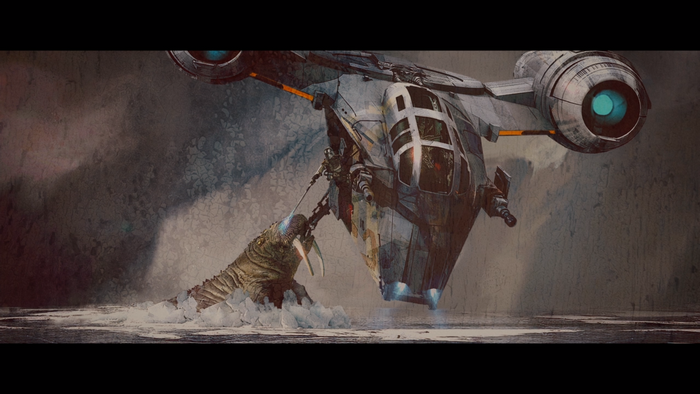 The Mandalorian and a creature near a spaceship