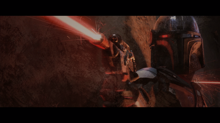 The Mandalorian firing a blaster