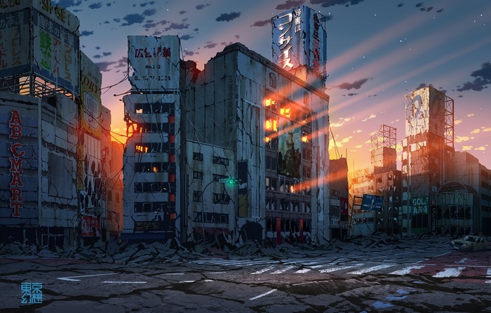 Apocalyptic Anime Artwork of Urban Ruins at Sunset