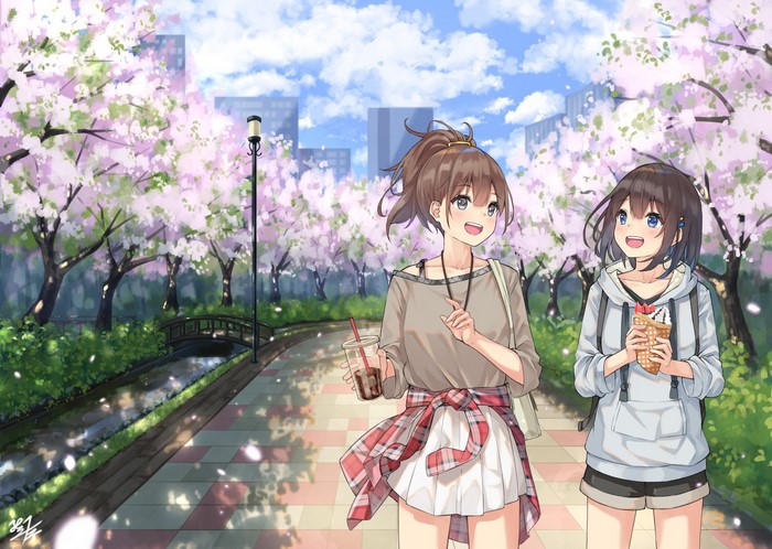 Anime girls walking under cherry blossoms