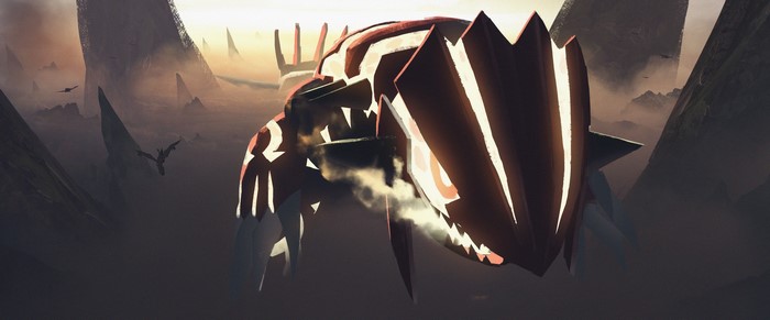 Groudon from Pokémon in a misty mountain landscape