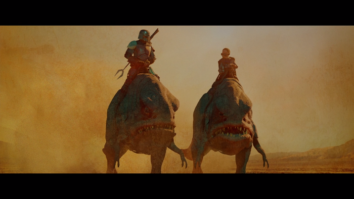 The Mandalorian and Grogu riding Banthas