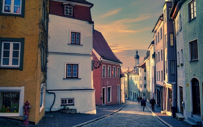 Street in Landsberg am Lech, Germany at sunset