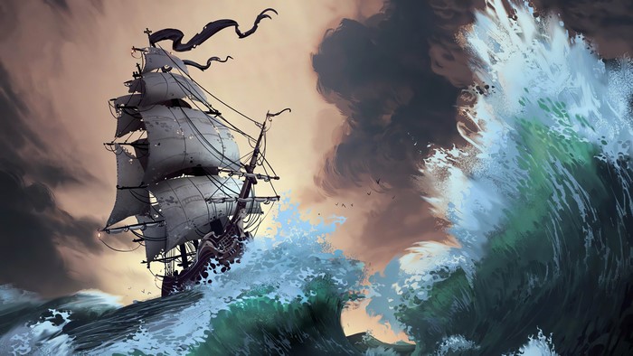 4K digital art of a pirate ship in a storm