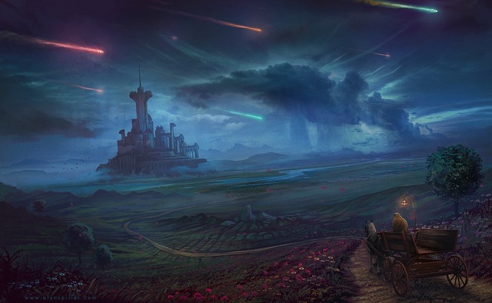 Fantasy castle with meteors and carriage