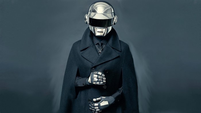 Daft Punk robot wearing a black coat and helmet