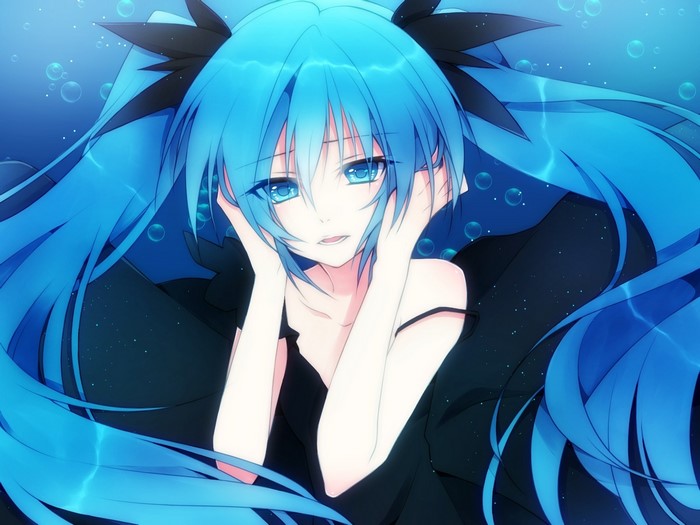 Anime girl with blue hair underwater