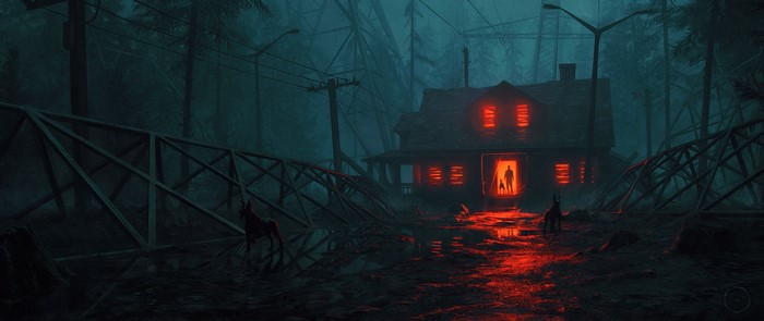 Spooky house with red lights and two dogs at night