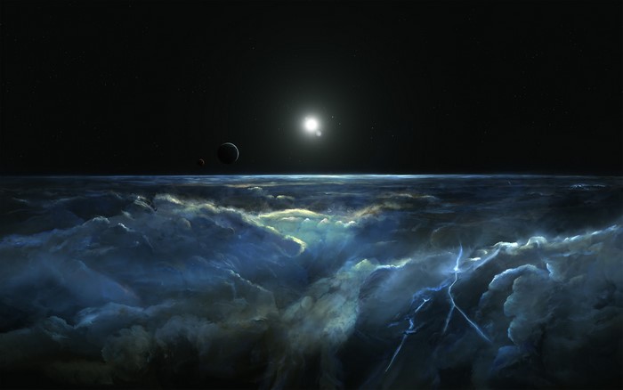 Space art with planets and lightning clouds