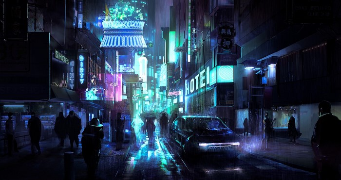 Cyberpunk street with neon signs and rain