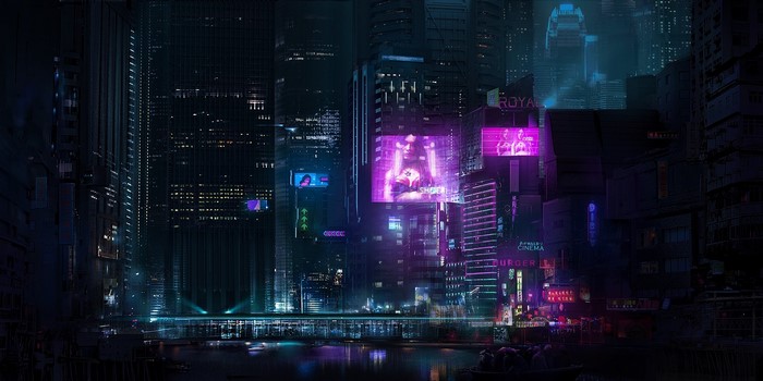 Cyberpunk cityscape with neon signs and a river
