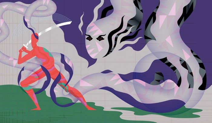 Psychedelic illustration of a warrior fighting a serpent creature