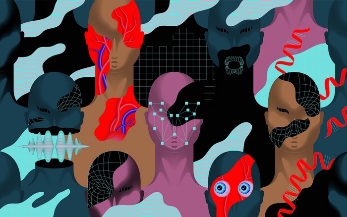 Abstract illustration of human heads with tech and biological elements