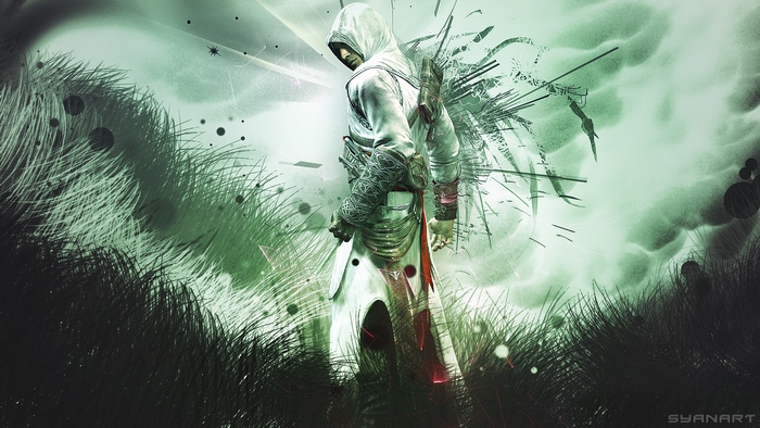 Altair from Assassin's Creed in a green, abstract environment