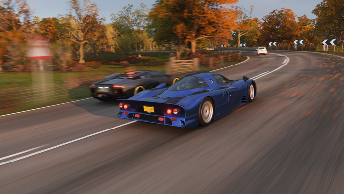 Two sports cars racing on a road in Forza Horizon 4