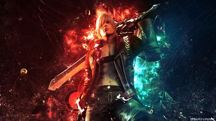Dante from Devil May Cry with fiery and icy effects