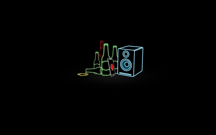 Neon bottles, smartphone, and speaker on black background