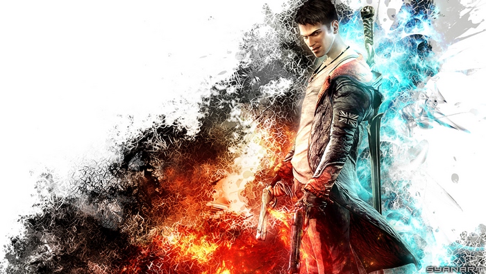 Dante from DmC: Devil May Cry with fire and ice effects