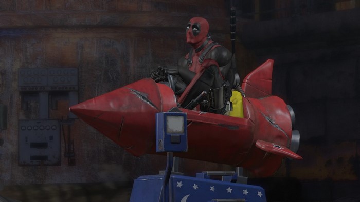 Deadpool riding a toy rocket