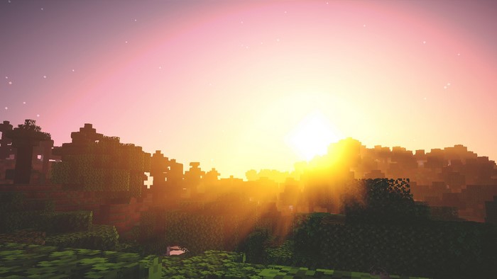 Minecraft with shaders at sunrise