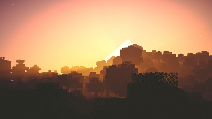 Minecraft landscape with sunset and shaders