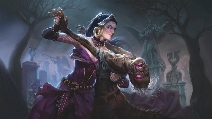 Liliana Vess from Magic: The Gathering dancing with a zombie