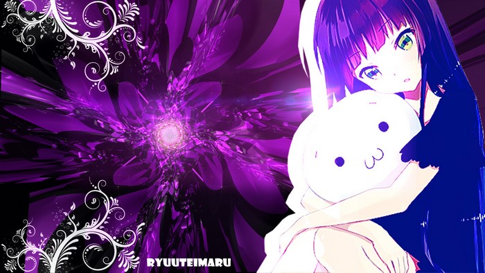 Anime girl with purple hair holding a plush toy