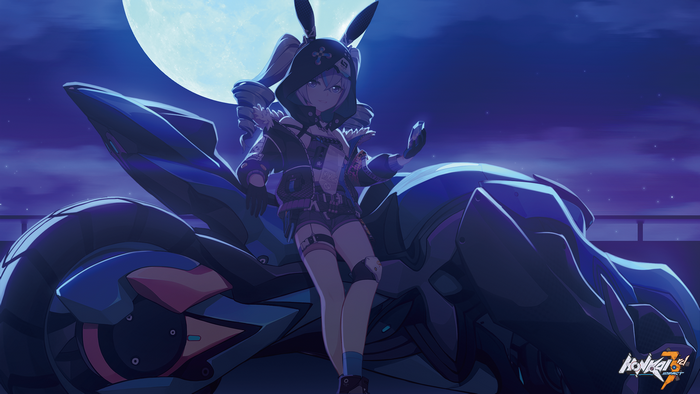 Bronya Zaychik sits on a futuristic motorcycle under the moon