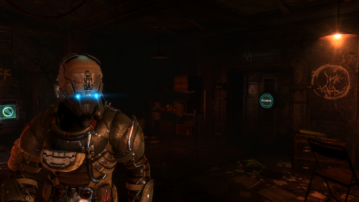 Isaac Clarke from Dead Space 3 in a dark room