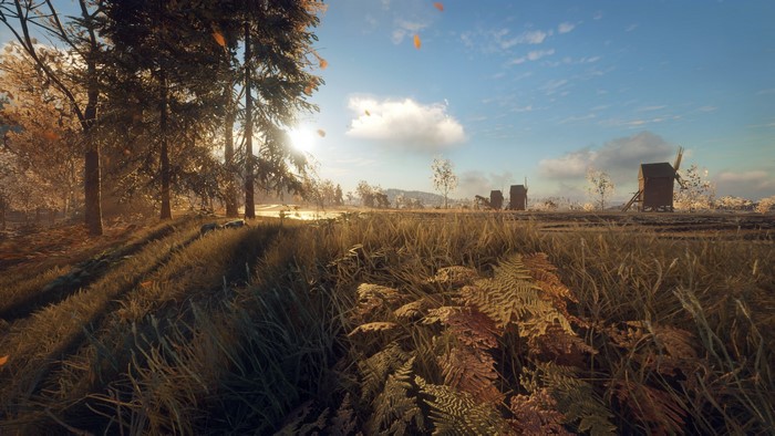 Generation Zero screenshot with windmills and trees