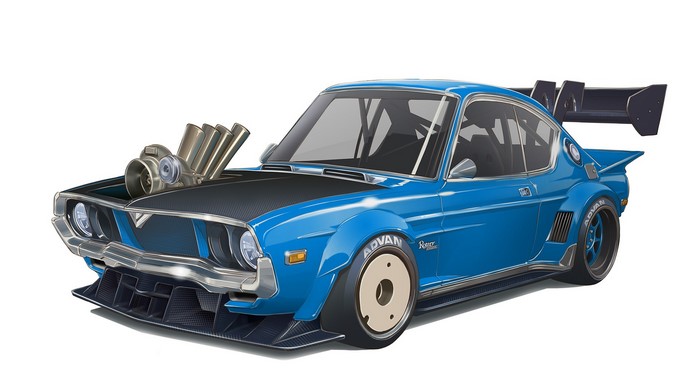 Blue Mazda RX-4 with Turbocharger and Widebody Kit