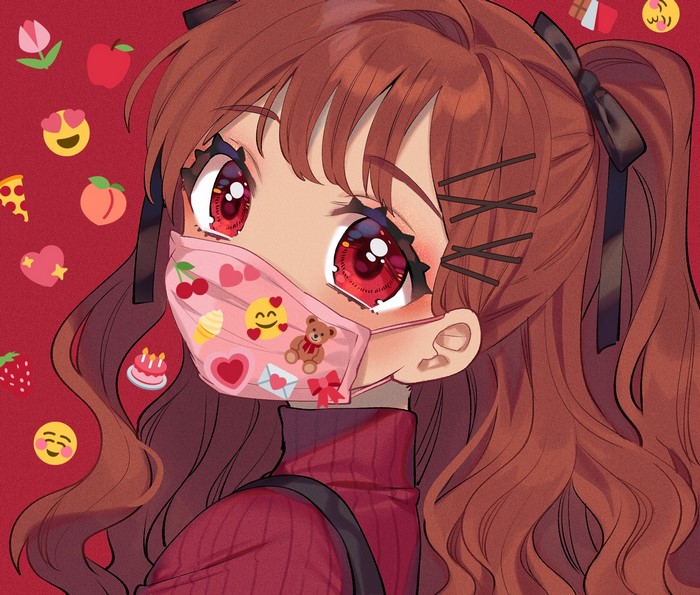 Anime girl with red eyes wearing a decorated face mask