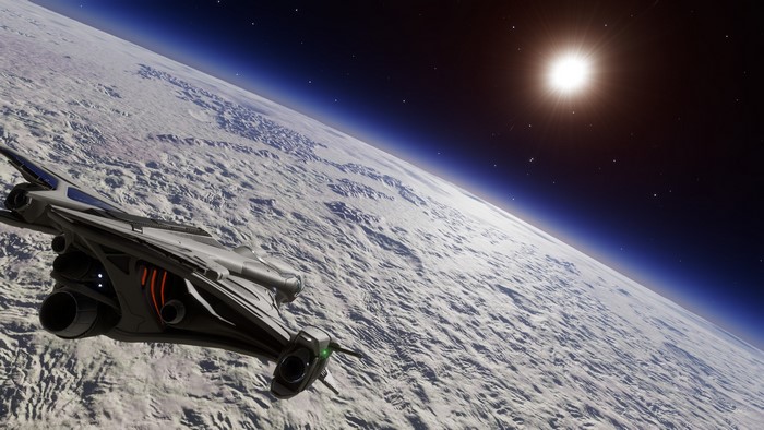 Spaceship descending over a planet in Elite Dangerous: Odyssey