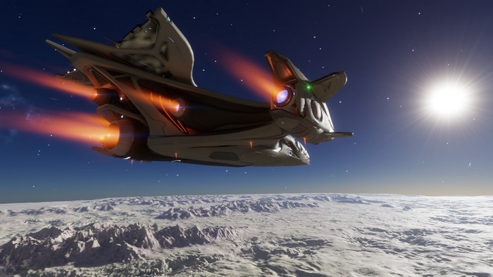 Cutter spaceship flying over a planet in Elite Dangerous
