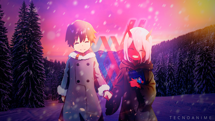 Hiro and Zero Two from Darling in the FranXX in winter