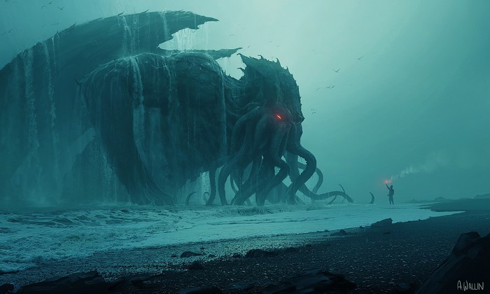 Cthulhu creature on a beach with a person holding a flare